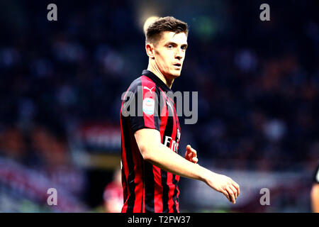 Milano, Italia. 02Th Aprile, 2019. Krzysztof Piatek del Milan durante la serie di una partita di calcio tra AC Milan e Udinese Calcio. Credito: Marco Canoniero/Alamy Live News Foto Stock