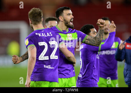 Middlesbrough, Regno Unito. 2 apr, 2019. La città di Bristol giocatori festeggiare dopo il cielo di scommessa match del campionato tra Middlesbrough e Bristol City al Riverside Stadium, Middlesbrough martedì 2 aprile 2019. (Credit: Tom Collins | Credit: MI News & Sport /Alamy Live News Foto Stock