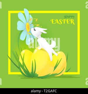 Biglietto di auguri di vacanze di Pasqua con un simpatico coniglio bianco che sta raggiungendo per il fiore e tre uova d'oro su sfondo verde con il telaio. Illustrazione Vettoriale