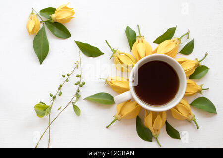 Caffè caldo espresso con il fiore giallo ylang ylang flora locale di asia disposizione piatta stile laici su sfondo bianco Foto Stock