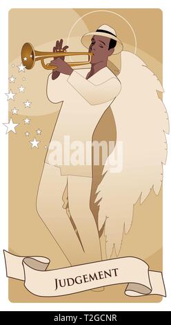 Arcani Maggiori carte dei Tarocchi. Sentenza. Arcangelo con grandi ali, indossare un cappello a suonare la tromba Illustrazione Vettoriale
