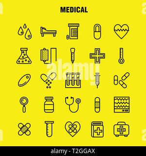 Linea Medicale Icon Pack per i progettisti e gli sviluppatori. Icone di salute, sanitario, medico, bendaggi, lo sgretolamento, cuore spezzato, medico, vettore Illustrazione Vettoriale