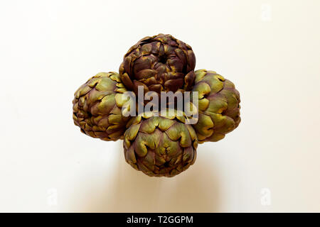 Gruppo di 4 carciofi isolato da sopra uno sfondo bianco flatlay concept Foto Stock