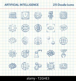 Intelligenza artificiale 25 Doodle icone. Disegnata a mano Business Icon Set Illustrazione Vettoriale