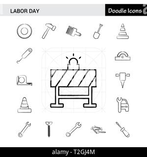 Set di 17 Labor Day disegnati a mano icona impostare Illustrazione Vettoriale