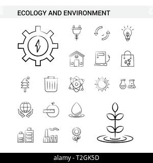 Ecologia e Ambiente disegnati a mano il set di icone di stile, isolati su sfondo bianco. - Vettore Illustrazione Vettoriale
