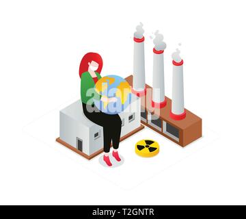 Inquinamento atmosferico - moderno colorato isometrica illustrazione vettoriale su sfondo bianco. Una composizione con una donna in una maschera facciale tenendo un globo, immagine di Illustrazione Vettoriale