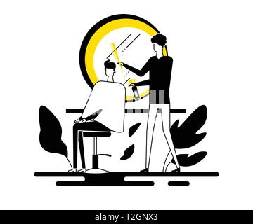 Barber shop - piatto colorato stile design illustrazione. Di alta qualità nero, bianco e giallo composizione insolita con un parrucchiere facendo un'acconciatura Illustrazione Vettoriale