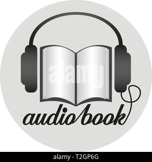 icona circolare di un audiolibro con auricolari e illustrazione vettoriale di un libro cartaceo Illustrazione Vettoriale