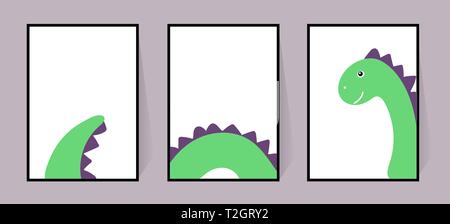 Tre poster con un simpatico dinosauro verde. Vector cool dino. Impostare per pareti, cartoline, inviti. Disegno scandinavo. Immagine su sfondo bianco. Illustrazione Vettoriale