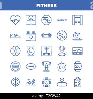 Fitness Icona Linea Pack per i progettisti e gli sviluppatori. Le icone dei Medici, Scanner, statistica, monitor medicali, Fitness, Healthcare, palestra, vettore Illustrazione Vettoriale