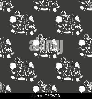 Seamless texture con cucina doodle schizzo utensili disegnati a mano con gessi sulla lavagna. Può essere utilizzato per la carta da parati, riempimenti, tessile, web p Illustrazione Vettoriale