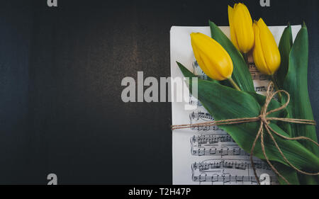 Tulip flower su un foglio di vecchie note musicali sullo sfondo dlack. Tulipani gialli. Foto Stock