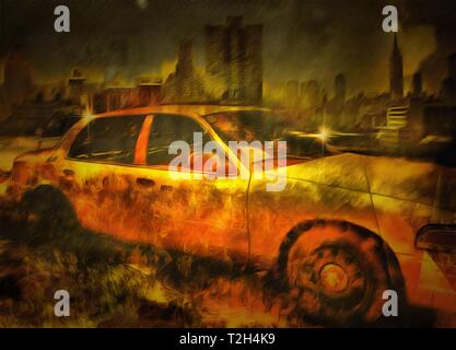 Pittura surreale. New York taxi. Foto Stock