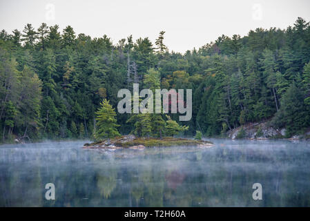 La nebbia che sorge sul lago Bunnyrabbit all alba La Cloche Silhouette Trail, Killarney Provincial Park, Ontario, Canada, America del Nord Foto Stock