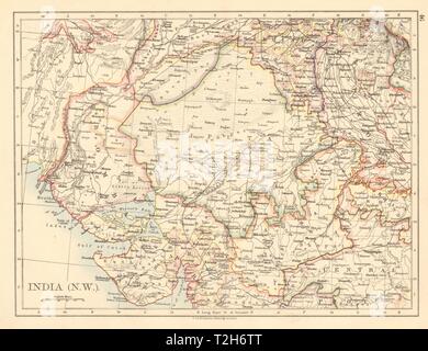 INDIA BRITANNICA NW (Rajputana Rajasthan) Sindh Gujarat Malwa JOHNSTON 1892 mappa Foto Stock