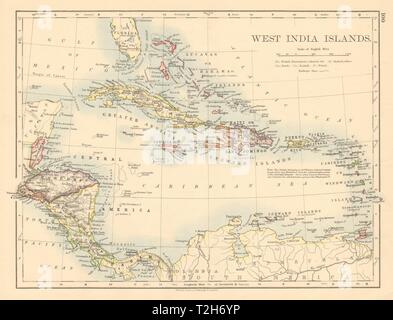 WEST INDIA isole dei Caraibi Lucayas Caribbee Cuba JOHNSTON 1892 mappa vecchia Foto Stock