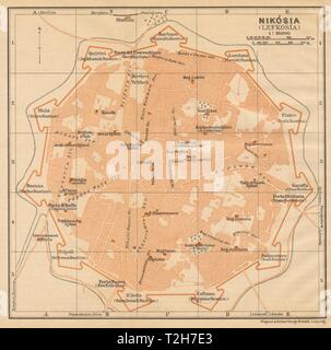 Nicosia città antica pianta della città. Nikosia. Lefkosia. Cipro 1912 mappa vecchia Foto Stock