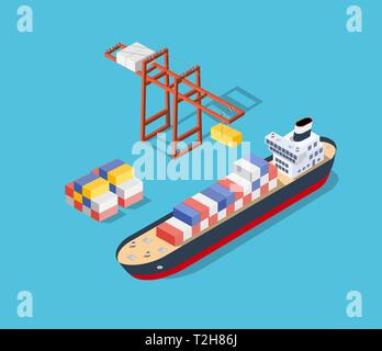 Nave isometrica contenitore di carico e camicia turistico del porto industriale e turistico di posti di ormeggio barche con un'illustrazione del trasporto di merci e Illustrazione Vettoriale