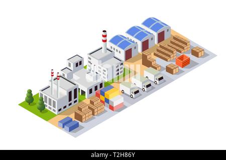 Panorama prospettico del paesaggio di oggetti industriali impianti, fabbriche, parcheggi e magazzini. Vista isometrica dall'alto della città con le strade, b Illustrazione Vettoriale