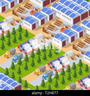 Panorama prospettico del paesaggio di oggetti industriali impianti, fabbriche, parcheggi e magazzini. Vista isometrica dall'alto della città con le strade, b Illustrazione Vettoriale