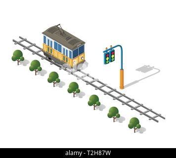 Isometrica metro tram il trasporto urbano elementi urbanistico dell'economia urbana struttura. Illustrazione Vettoriale