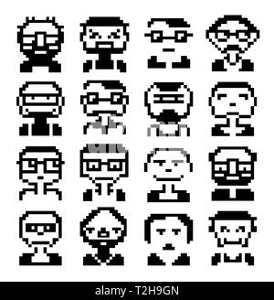 Le icone delle facce in stile grafica pixel pittogramma del maschio e persone fun facce femmina Illustrazione Vettoriale