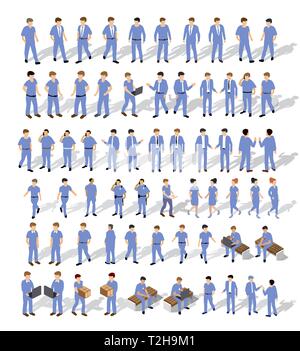 Persone isometrica urbano ambiente business, imprenditore e donna, set di oggetti. Illustrazione Vettoriale