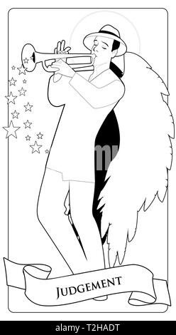 Arcani Maggiori carte dei Tarocchi. Sentenza. Arcangelo con grandi ali, indossare un cappello a suonare la tromba Illustrazione Vettoriale