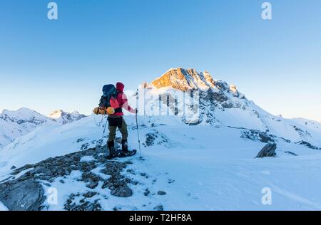 Gli escursionisti con racchette da neve con zaino, Tenda attrezzature sul Madelejoch nella neve, vicino Kemptner Hutte, Allgau Alpi, Tirolo, Austria Foto Stock