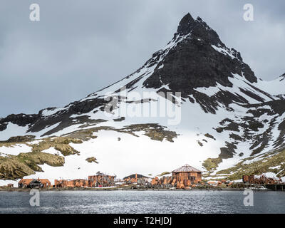 Il abbandonato rimane del norvegese stazione baleniera in Principe Olav Harbour, Cook Bay, Isola Georgia del Sud, Oceano Atlantico Foto Stock
