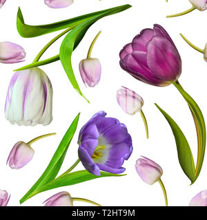 Floral seamless pattern con rosa, viola e tulipani bianco su sfondo bianco. Primavera o estate design. Trandy naturale disegno botanico per i tessili, Foto Stock