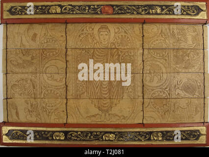 Lago Inle, MYANMAR - Mar 1, 2015 - Scene della vita di Buddha sul dipinto a mano su foglie di palma, Lago Inle, Myanmar (Birmania) Foto Stock