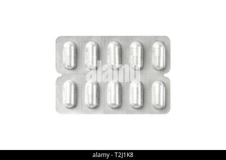 Confezionamento di capsule di medici isolati su sfondo bianco. Foto Stock