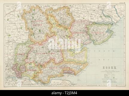 ESSEX. Mostra divisioni parlamentare, boroughs & parchi. BACON 1934 mappa vecchia Foto Stock