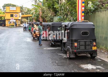 Galle, Sri Lanka - Febbraio 17th, 2019: coda di autisti di tuk tuk in attesa di passeggeri al di fuori del terminal del porto di Galle, Sri Lanka. Foto Stock