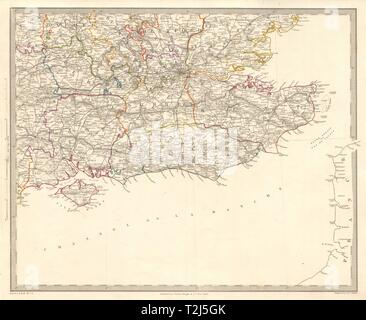 A sud-est dell' Inghilterra. London & Home Counties. Le ferrovie. Costa Sud. SDUK 1845 mappa Foto Stock