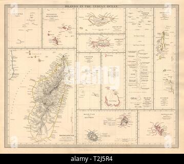 Isole dell'OCEANO INDIANO Madagascar Seychelles Maldive Mauritius. SDUK 1846 mappa Foto Stock