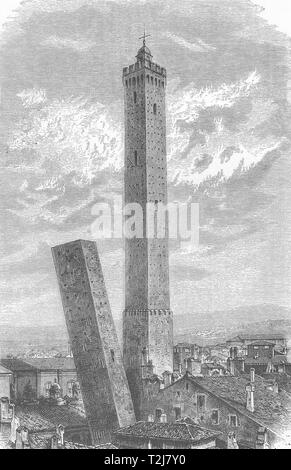 L'Italia. In Emilia. Le Torri pendente in Bologna 1877 antica immagine di stampa Foto Stock
