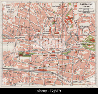 Losanna. Vintage town mappa della città piano. La Svizzera 1948 vecchio grafico vintage Foto Stock