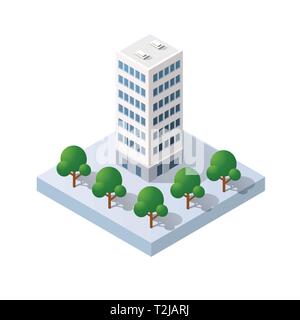 Vector isometric edificio di architettura urbana della città moderna con strade, grattacieli, e città, case. Per le mappe di illustrazione e costruzione di affari Illustrazione Vettoriale