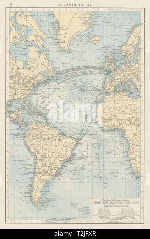 Oceano atlantico che mostra profondità & Telegraph cavi. I TEMPI 1900 mappa vecchia Foto Stock