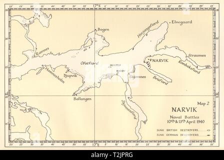 Guerra Mondiale 2 invasione della Norvegia. Narvik: battaglie 10 & 13 aprile 1940 1952 Mappa Foto Stock