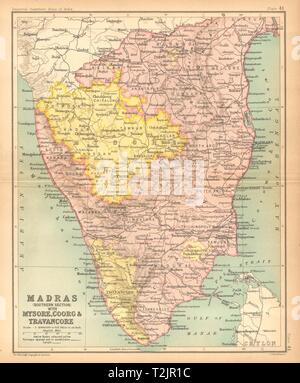 'Madras… Mysore, Coorg & Travancore'. India britannica province sud 1909 mappa Foto Stock