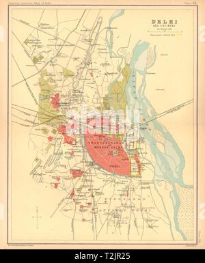 Città di Delhi city plan. Edifici chiave & Cantonment. India britannica 1909 mappa vecchia Foto Stock