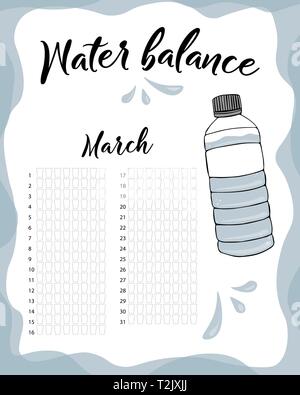 Consumo di acqua per la settimana e il mese di marzo. Equilibrio idrico calendario del vettore. Acqua tracker mensile. Illustrazione Vettoriale