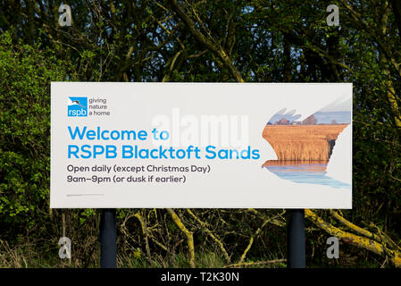 Segno accoglie i visitatori a RSPB Blacktoft Sands, una riserva naturale in East Yorkshire, Inghilterra, Regno Unito Foto Stock