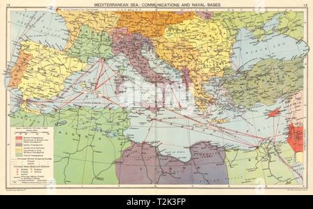 WW2 mediterraneo Basi Navali. Asse la Francia di Vichy. Albania italiana 1942 mappa vecchia Foto Stock