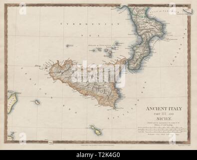 Italia antica Sicilia sud Brutii Melita (Malta) colore originale SDUK 1844 mappa Foto Stock