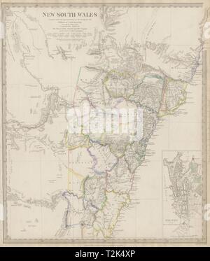 Nuovo Galles del Sud sulla base di percorsi di Cunningham. Inset piano di Sydney. SDUK 1844 mappa Foto Stock